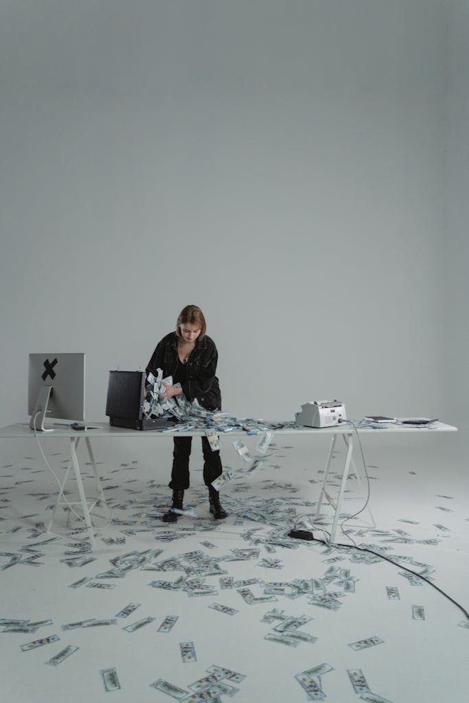 A woman manages scattered US dollar bills in a minimalist room, symbolizing finance themes.