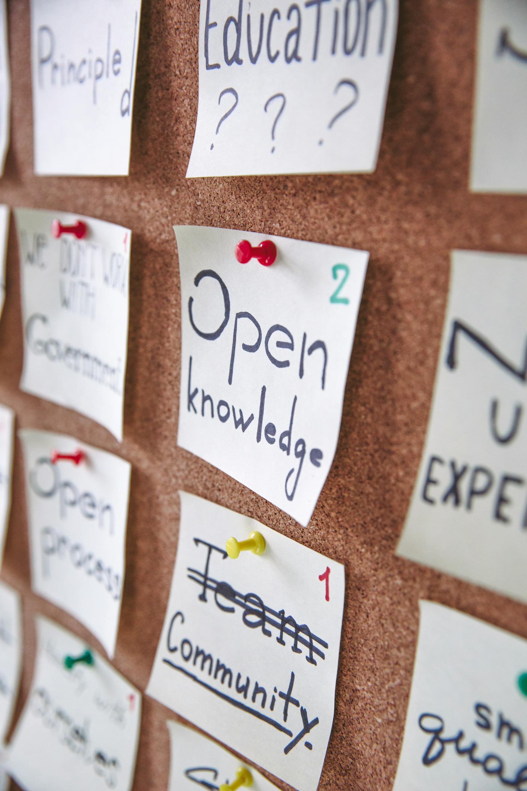 Bulletin board with pinned notes focusing on knowledge and community.